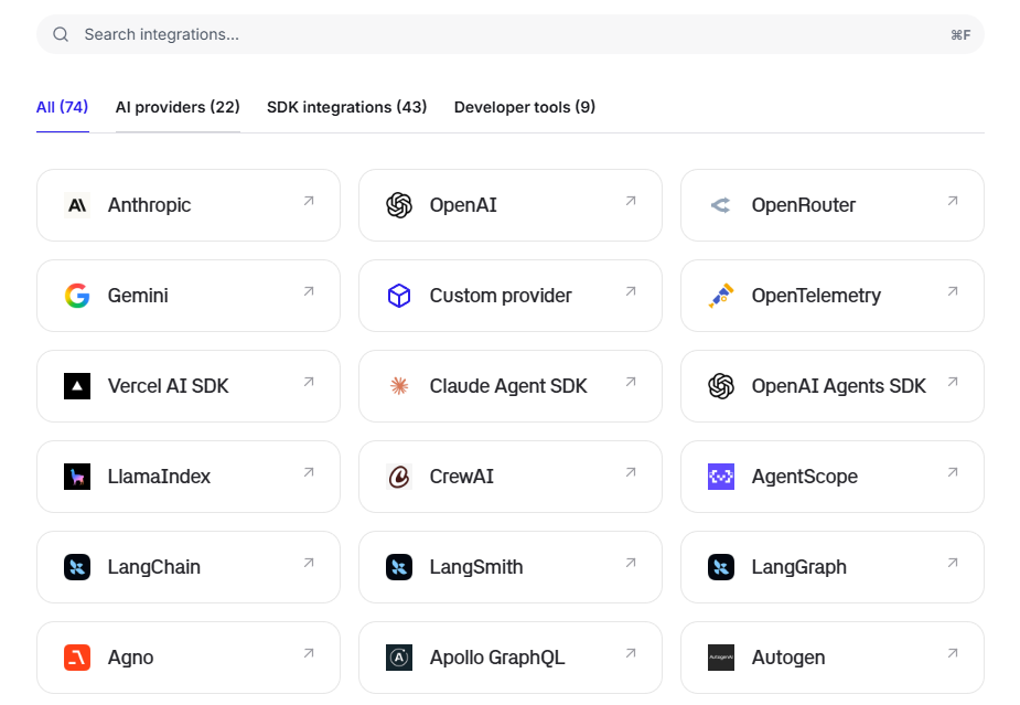 Braintrust integrations directory covering AI providers, SDK integrations, and developer tools